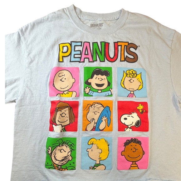 Peanuts Tops - Peanuts Womens Graphic T-Shirt Light Blue Cropped Raw Hem Charlie Brown L K2